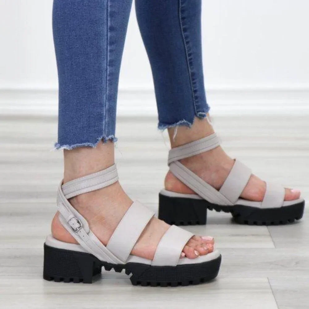 Gray Chunky Heel Sandals Multi Strap Buckle Closure Open Toe